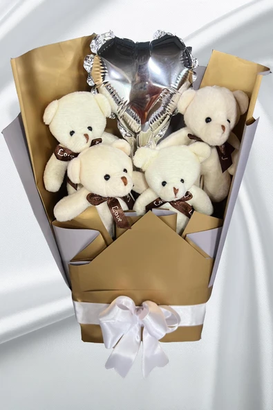 Sole Sevgiliye Özel Dore-Gümüş Konsept Balonlu Romantik Peluş Ayıcık Buketi - 4