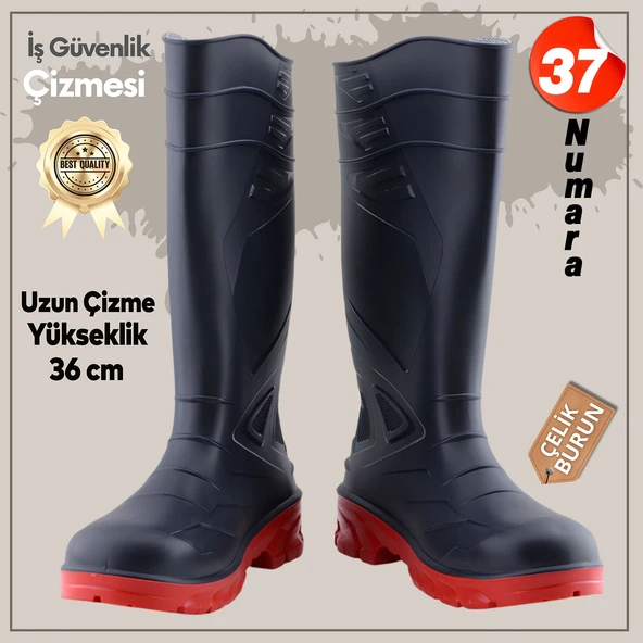 Uzun Çizme İş Güvenlik Çizmesi Numara: 37 İnşaat Tarım Bahçe Kimya Petrol Çiftilik Gaz 36 cm