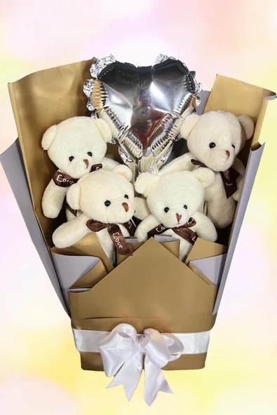 Sole Sevgiliye Özel Dore-Gümüş Konsept Balonlu Romantik Peluş Ayıcık Buketi - 5