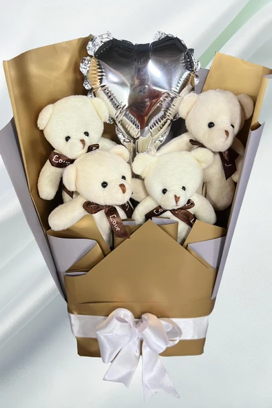 Sole Sevgiliye Özel Dore-Gümüş Konsept Balonlu Romantik Peluş Ayıcık Buketi - 3