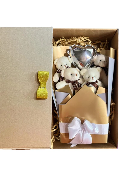 Sole Sevgiliye Özel Dore-Gümüş Konsept Balonlu Romantik Peluş Ayıcık Buketi - 2