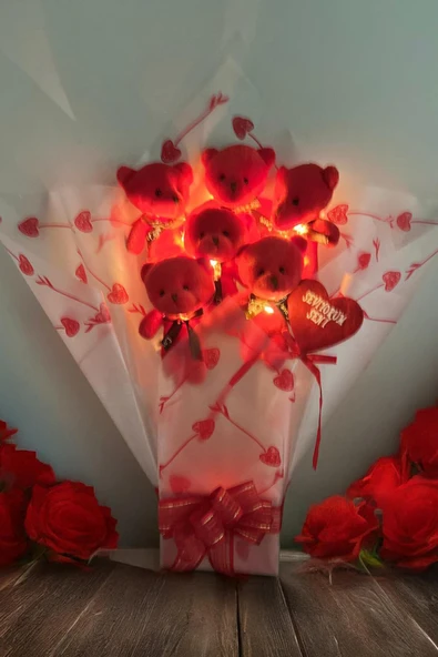 LED Işıklı, Premium Yumoş Kırmızı Peluş Ayıcık Buketi, Sevgiliye, Doğum Gününe Hediye