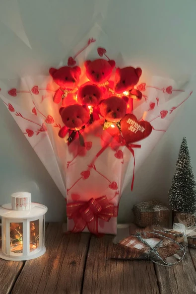 LED Işıklı, Premium Yumoş Kırmızı Peluş Ayıcık Buketi, Sevgiliye, Doğum Gününe Hediye - 5