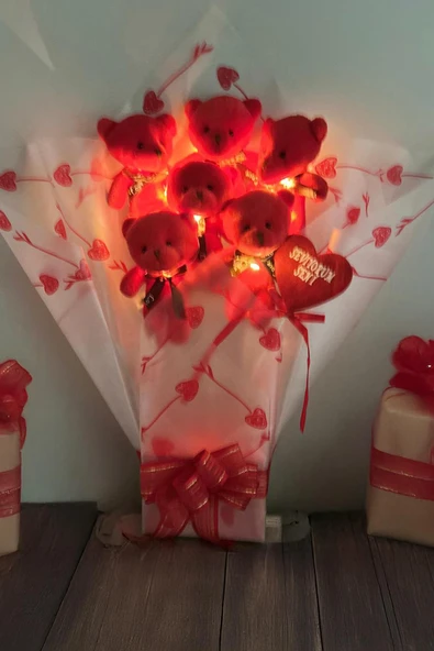 LED Işıklı, Premium Yumoş Kırmızı Peluş Ayıcık Buketi, Sevgiliye, Doğum Gününe Hediye - 3