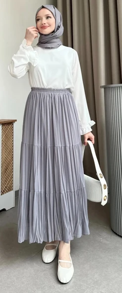 KADIN ŞİFON ASTARLI PİLİSELİ ETEK - 7