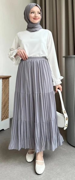 KADIN ŞİFON ASTARLI PİLİSELİ ETEK - 6