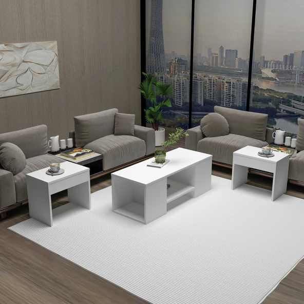 Arnetti Sartos 3'lü Zigonlu Modern Orta Sehpa Salon Sehpası, Beyaz - Sartos - 6
