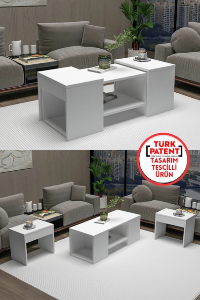 Arnetti Sartos 3'lü Zigonlu Modern Orta Sehpa Salon Sehpası, Beyaz - Sartos ürün görseli 1