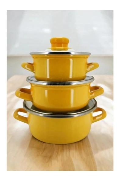 Lüks Emaye 6 Parça Mini Tencere Seti 12/14/16 Cm Sarı KR137-C - 2