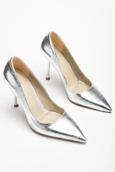 Dorethy Kadın Topuklu Ayakkabı Gümüş Parlak Cilt Stiletto - Resim 2