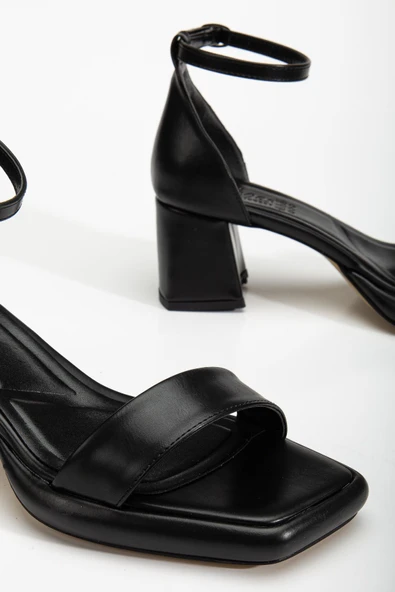 Suzi Siyah Cilt Platformlu Açık Burunlu Kalın Topuklu Ayakkabı - Resim 3