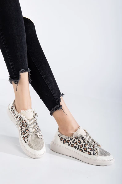 Neva Taşlı Düz Taban Kadın Leopar Kot Sneakers