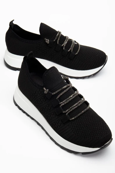 Paris Siyah Triko Bağcıklı Taşlı Rahat Kalıp Sneaker