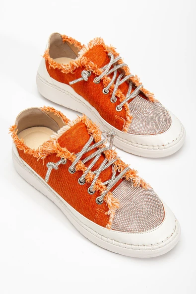 Neva Taşlı Düz Taban Kadın Turuncu Kot Sneakers - 3