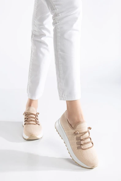Paris Bej Triko Bağcıklı Taşlı Rahat Kalıp Sneaker - 4