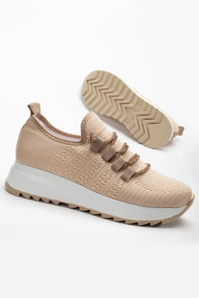 Paris Bej Triko Bağcıklı Taşlı Rahat Kalıp Sneaker - 2