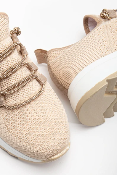 Paris Bej Triko Bağcıklı Taşlı Rahat Kalıp Sneaker - 3