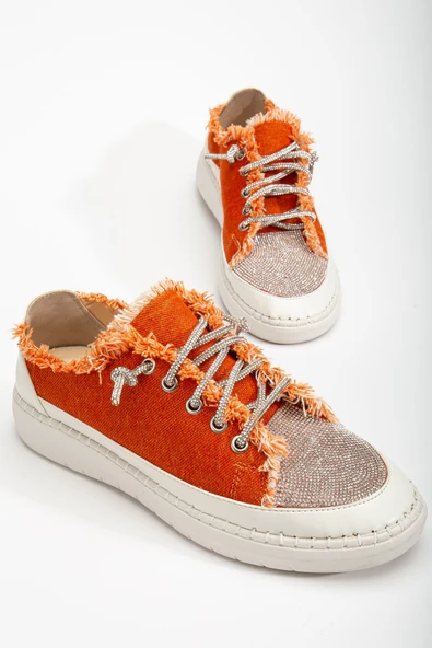 Neva Taşlı Düz Taban Kadın Turuncu Kot Sneakers - 2