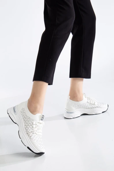 Edwin Beyaz Triko Bağcıklı Yüksek Topuk Rahat Kalıp Sneaker