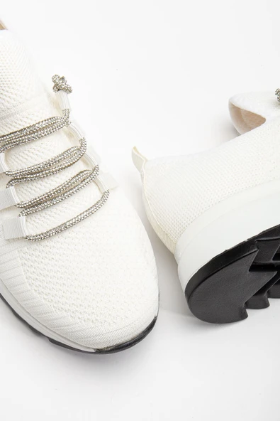 Paris Beyaz Triko Bağcıklı Taşlı Rahat Kalıp Sneaker - 3