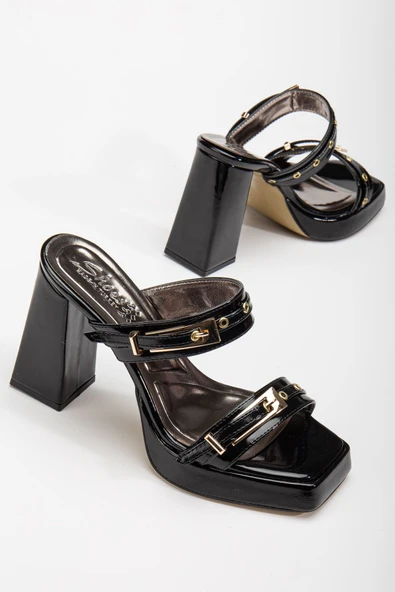 Tommo Siyah Rugan Platformlu Açık Burunlu Kalın Topuklu Ayakkabı - Resim 2