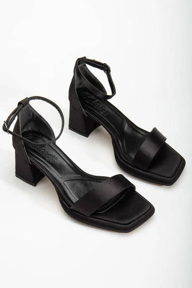 Suzi Siyah Saten Platformlu Açık Burunlu Kalın Topuklu Ayakkabı - Resim 2