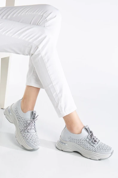 Edwin Gri Triko Bağcıklı Yüksek Topuk Rahat Kalıp Sneaker