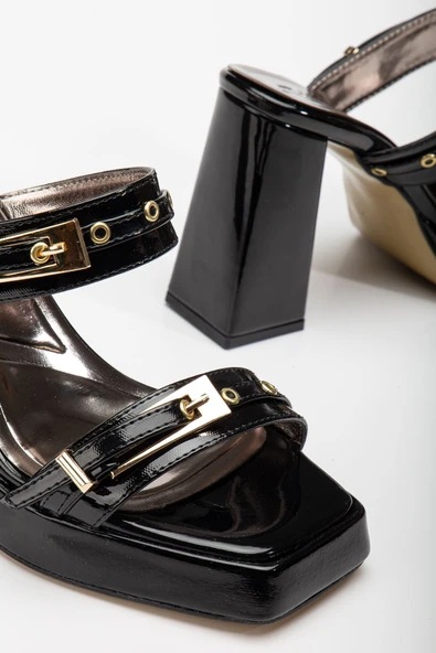 Tommo Siyah Rugan Platformlu Açık Burunlu Kalın Topuklu Ayakkabı - Resim 3