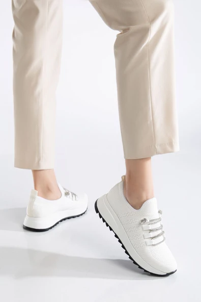 Paris Beyaz Triko Bağcıklı Taşlı Rahat Kalıp Sneaker - 4