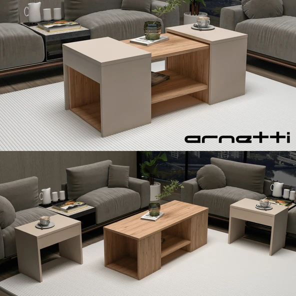 Arnetti Sartos 3'lü Zigonlu Modern Orta Sehpa Salon Sehpası, Atlantik Çam Bej - Sartos