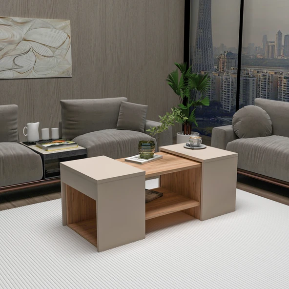 Arnetti Sartos 3'lü Zigonlu Modern Orta Sehpa Salon Sehpası, Atlantik Çam Bej - Sartos - 4