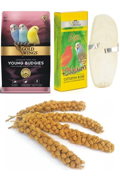 Gold Wings Premium Yavru Muhabbet Kuşu Yemi 1 Kg. +kalamar Kemiği + (1 ADET) + Dal Darı (4 ADET)