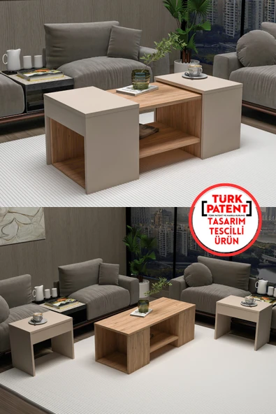 Arnetti Sartos 3'lü Zigonlu Modern Orta Sehpa Salon Sehpası, Atlantik Çam Bej - Sartos ürün görseli 1