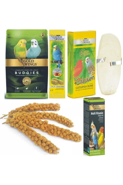 Gold Wings Muhabbet Yemi 1 Kg. Ballı Yem 1x2 Adet Kalamar Kemiği 1x2 Adet+multi Vitamin 20 Ml + 4 Adet Dal Darı
