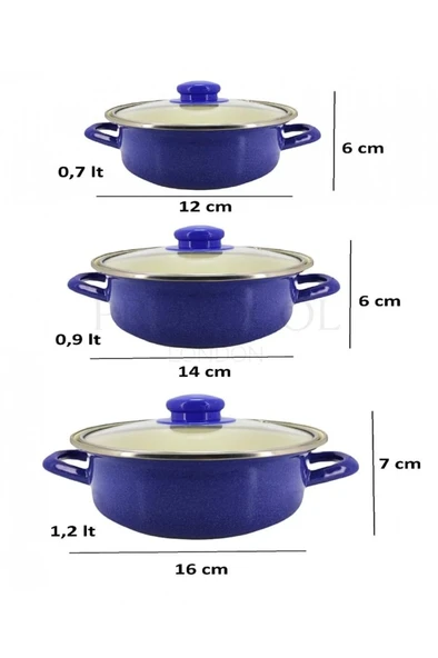 Lüks Emaye 6 Parça Mini Tencere Seti 12/14/16 Cm Mavi KR072-C - 3