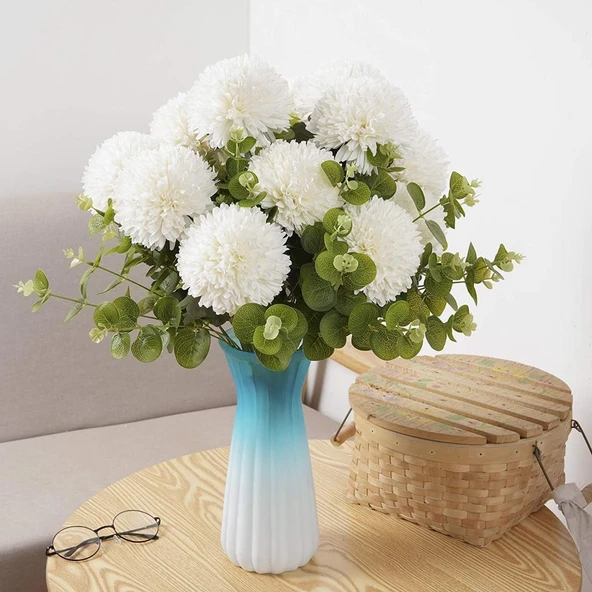 Nettenevime Yapay Çiçek Krizantem Kartopu Beyaz 5 Kafalı Demet Cipsolu - Resim 6