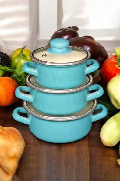 Lüks Emaye 6 Parça Mini Tencere Seti 12/14/16 Cm Turkuaz KR322-C - 2