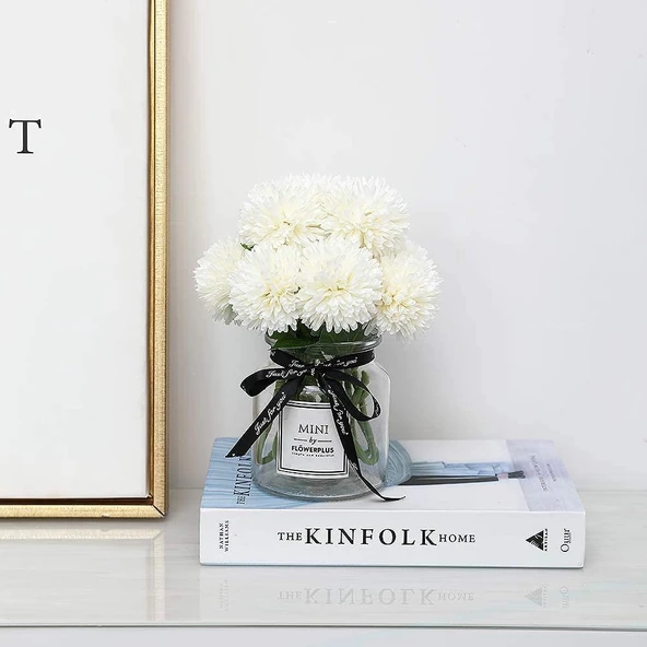 Nettenevime Yapay Çiçek Krizantem Kartopu Beyaz 5 Kafalı Demet Cipsolu - Resim 5