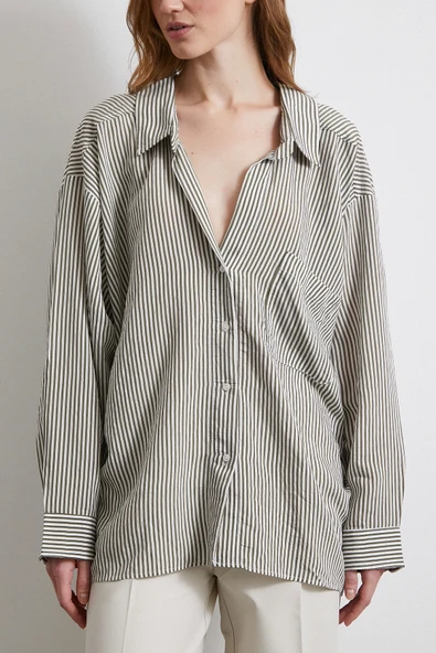 Yarasa Kol Çizgili Gömlek Haki - Resim 5