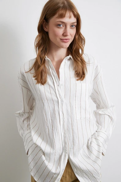 Çizgili Cepli Gömlek Bej - 6