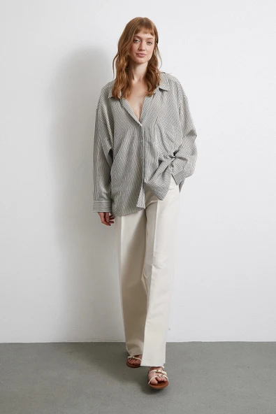 Yarasa Kol Çizgili Gömlek Haki - Resim 2