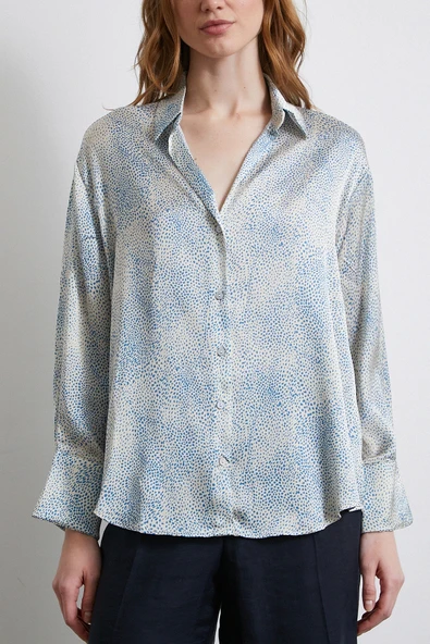 V Yaka Desenli Saten Gömlek Mavi - Resim 2