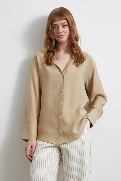 Kraşlı Saten Gömlek Bej - Resim 4