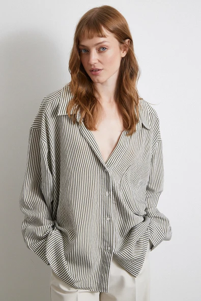 Yarasa Kol Çizgili Gömlek Haki - Resim 3