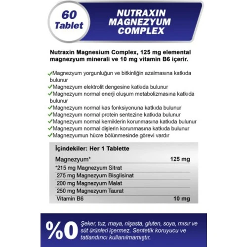Nutraxin Magnezyum Complex Vitamin B6 60 Tablet 250 Mg (bisiglinat, taurat, Malat, Sitrat, B6) - 2