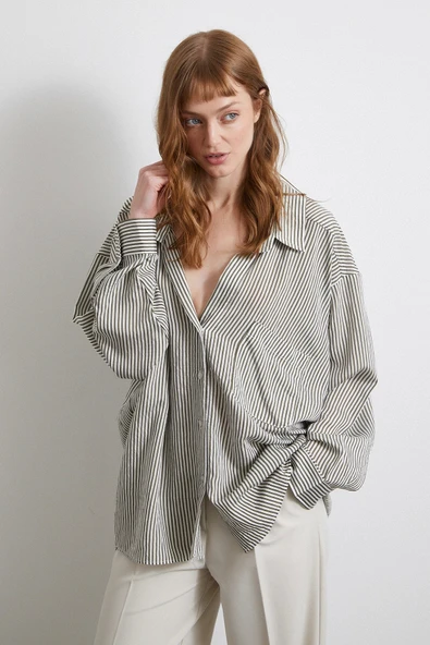 Yarasa Kol Çizgili Gömlek Haki ürün görseli