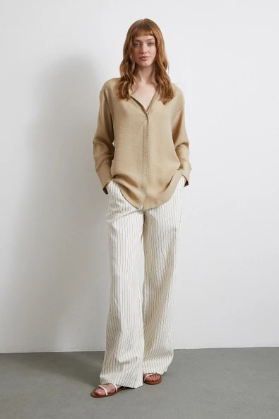 Kraşlı Saten Gömlek Bej - Resim 2