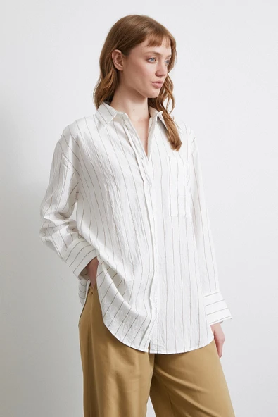 Çizgili Cepli Gömlek Bej - 4