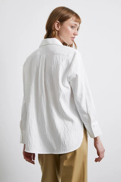 Geniş Manşetli Çizgili Gömlek Beyaz - 3