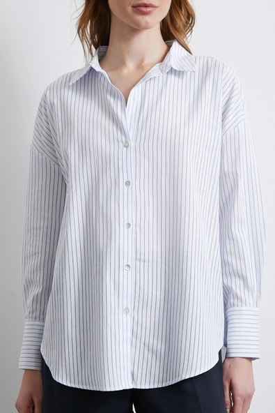 Kontrast Çizgili Gömlek Beyaz - 2